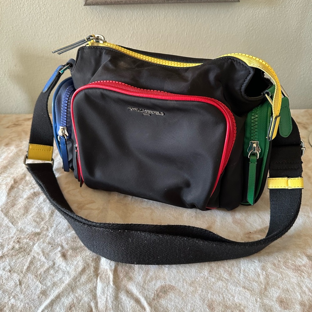 Karl Lagerfeld Black Belt Bag with Red, Blue, Green and Yellow Accents